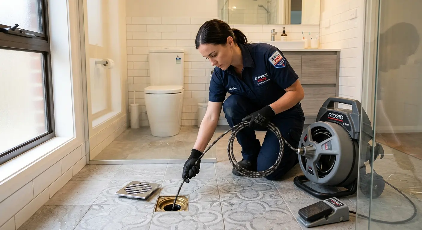 Technician clearing a bathroom floor drain for Sewer Line Replacement in Owensboro